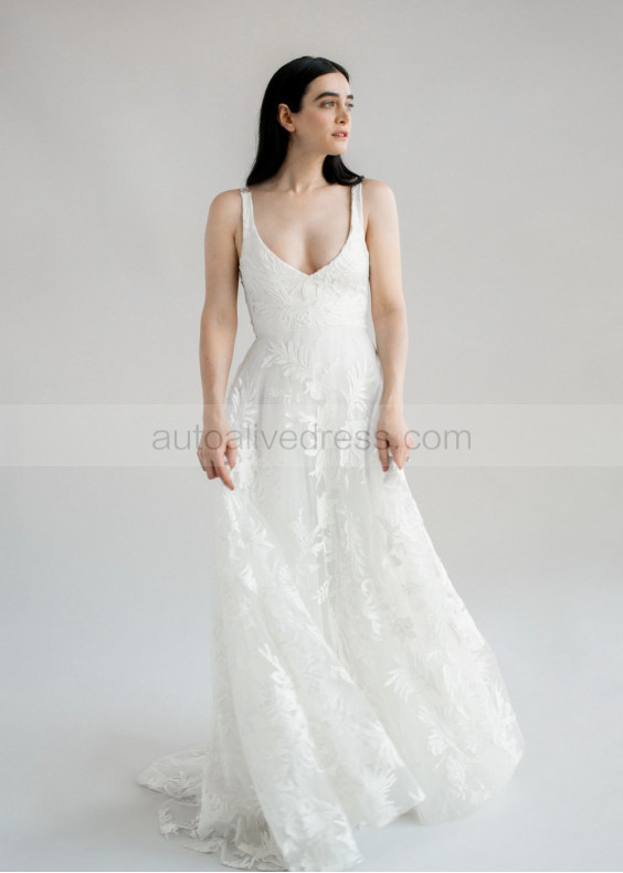 V Neck Ivory Lace Open Illusion Back Dazzling Wedding Dress